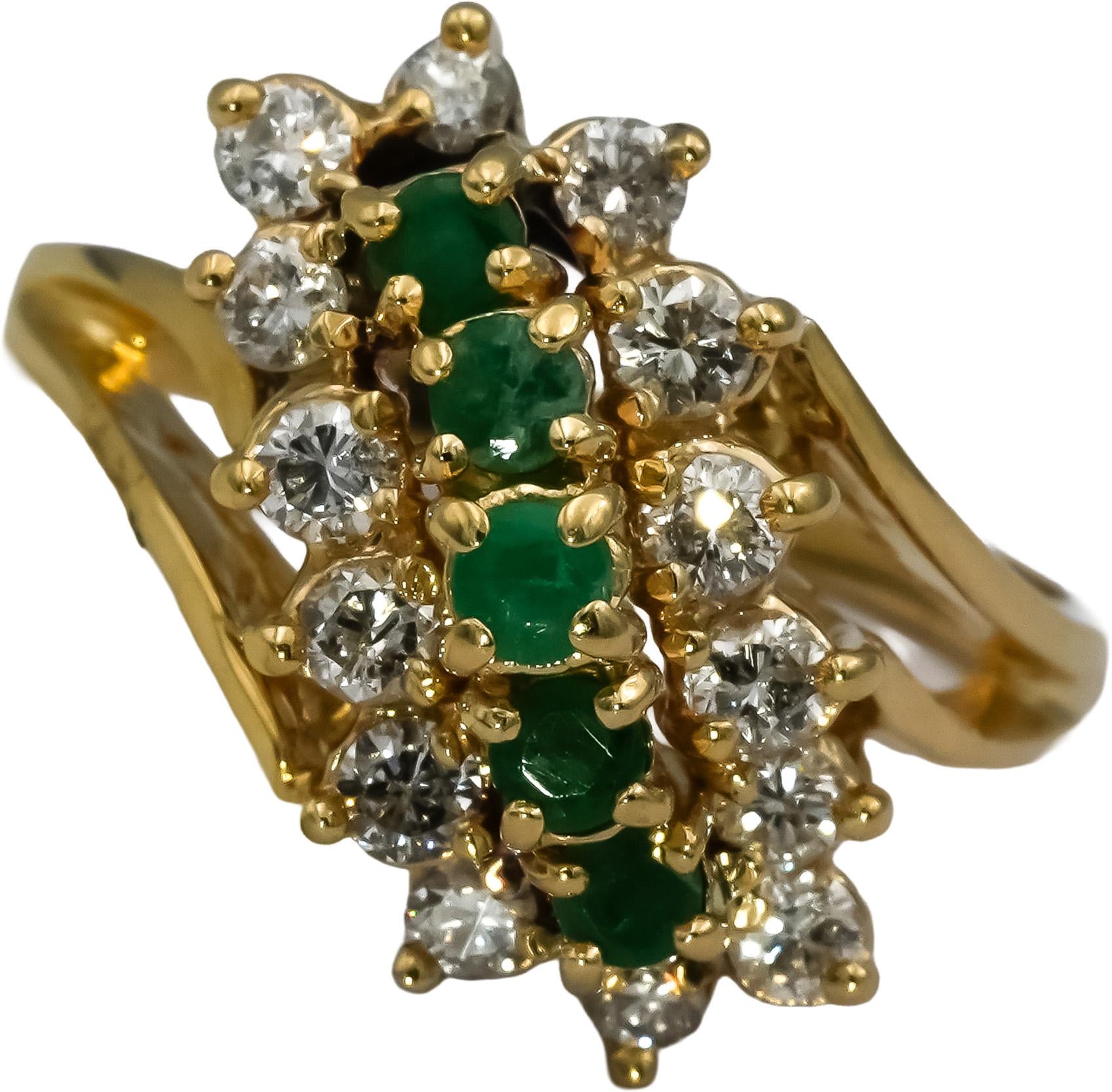 14k Yellow Gold Round Diamond and Emerald Bypass Ring 0.75CT Size 6.5