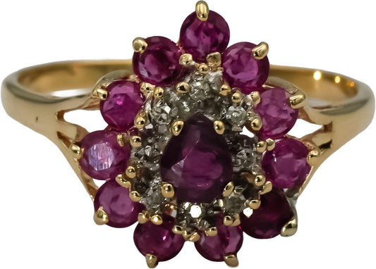 10k Yellow Gold Ruby Cocktail Ring 1.0CT Size 7.5 w/ Diamond Accents