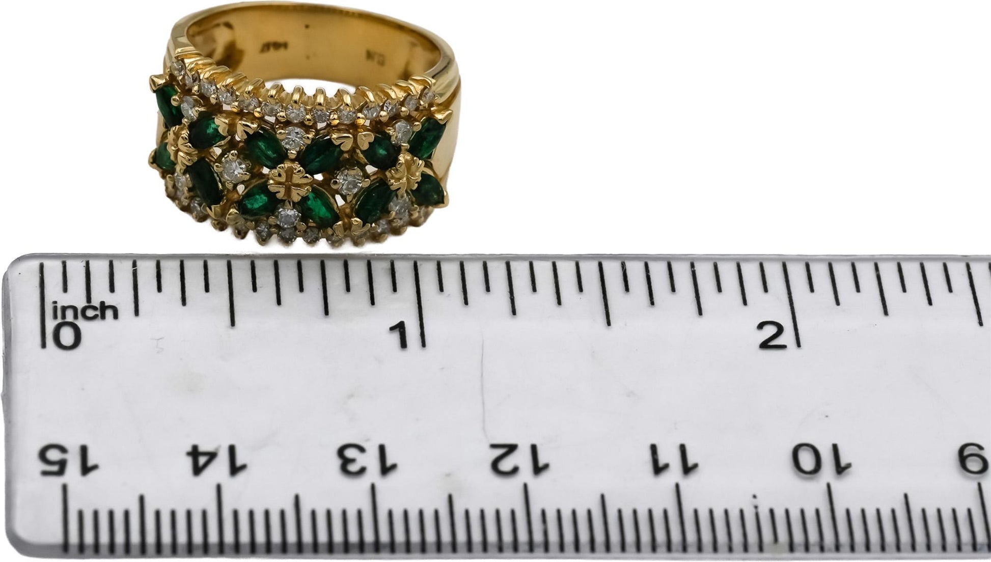 BH EFFY 14k Yellow Gold Diamond and Emerald Band Ring 0.88CT Size 7