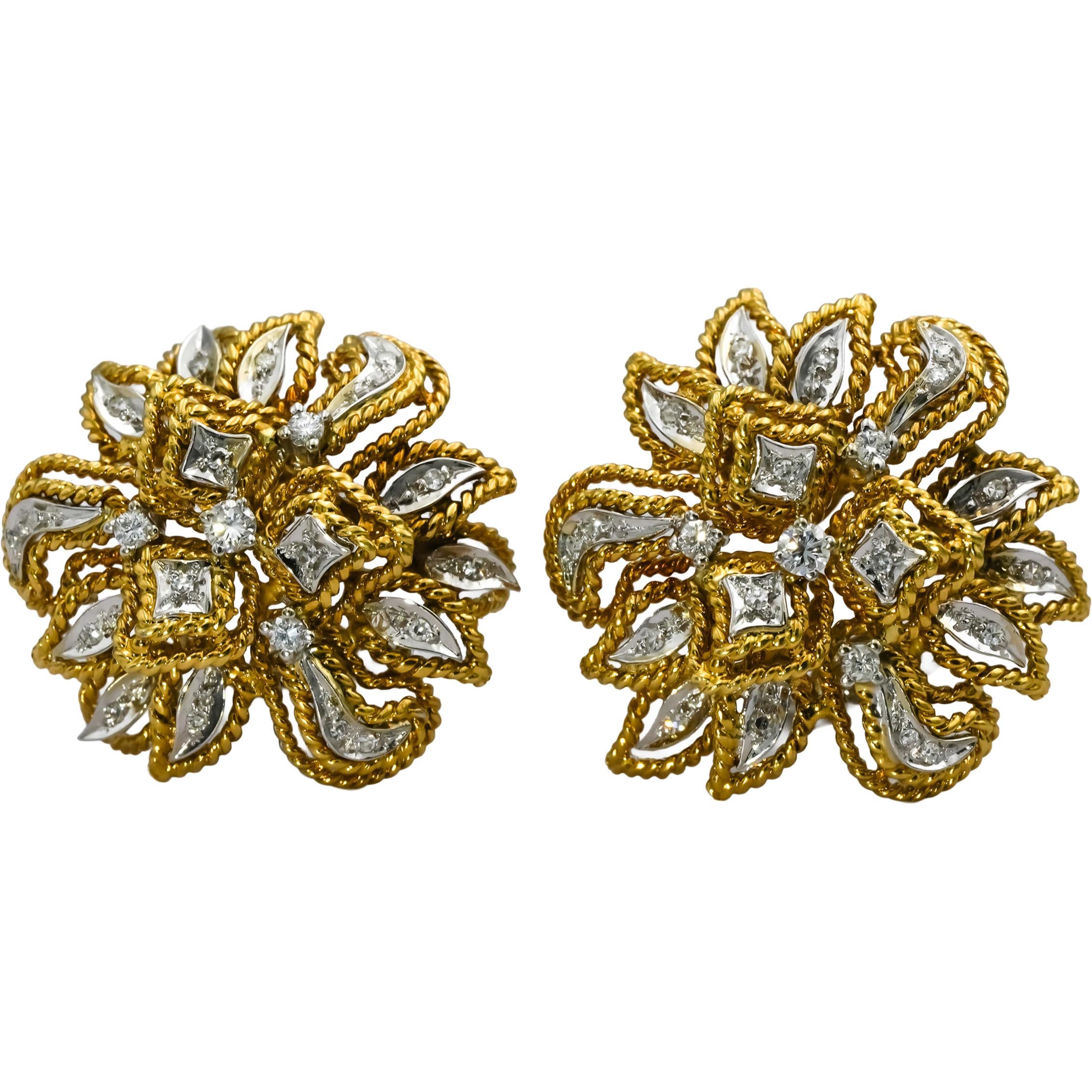Vintage Retro 18k White and Yellow Gold VS Diamond Flower Clip-On Earrings .50CT