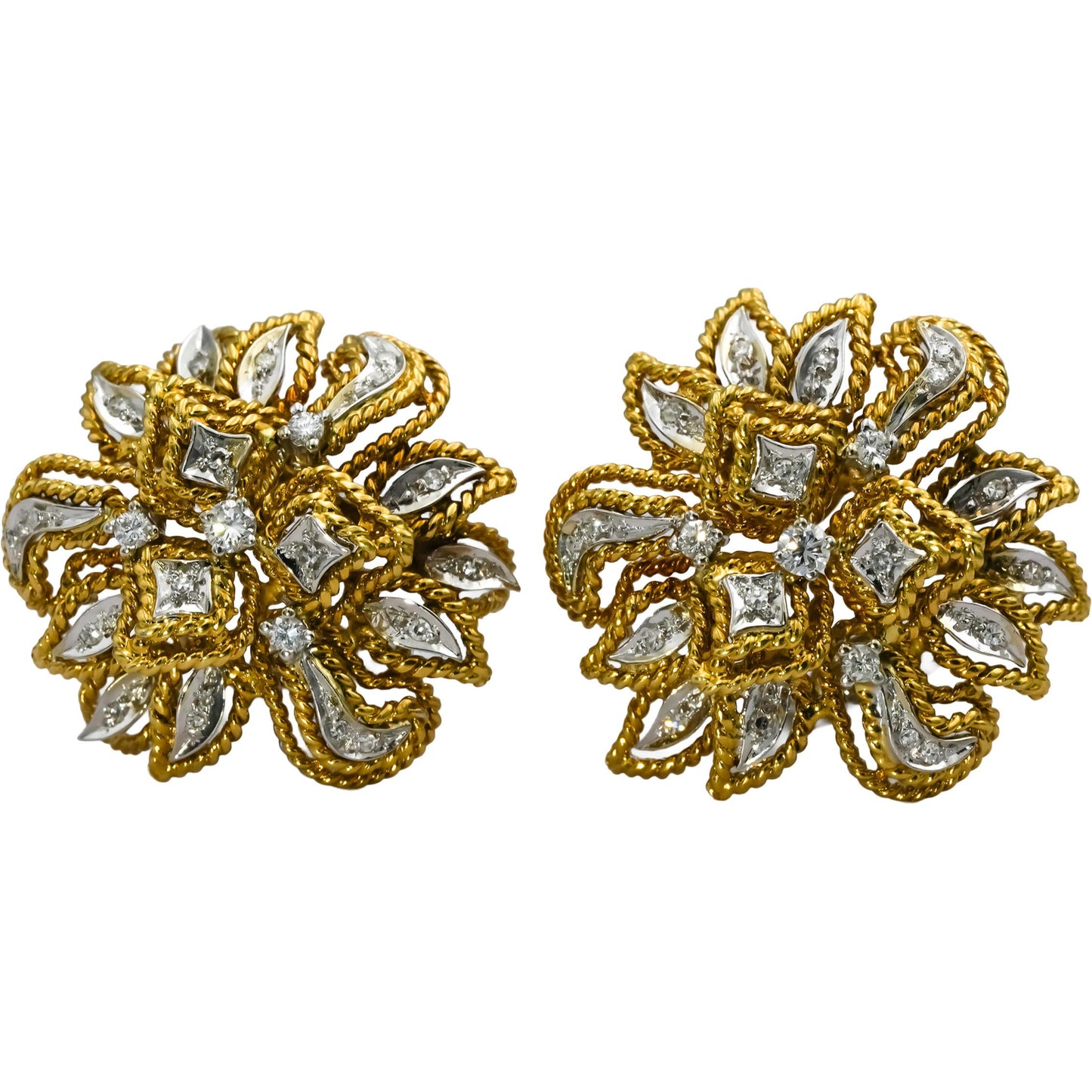 Vintage Retro 18k White and Yellow Gold VS Diamond Flower Clip-On Earrings .50CT