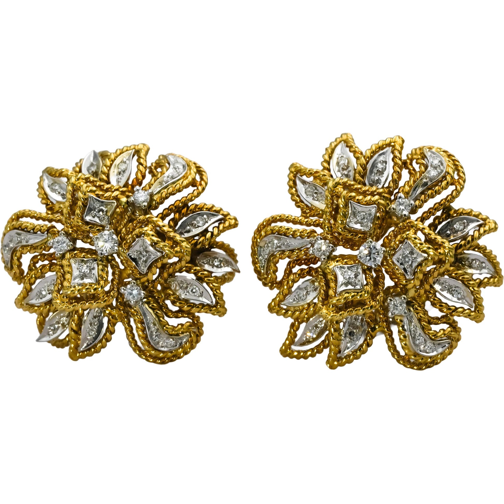 Vintage Retro 18k White and Yellow Gold VS Diamond Flower Clip-On Earrings .50CT