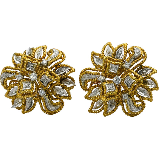 Vintage Retro 18k White and Yellow Gold VS Diamond Flower Clip-On Earrings .50CT