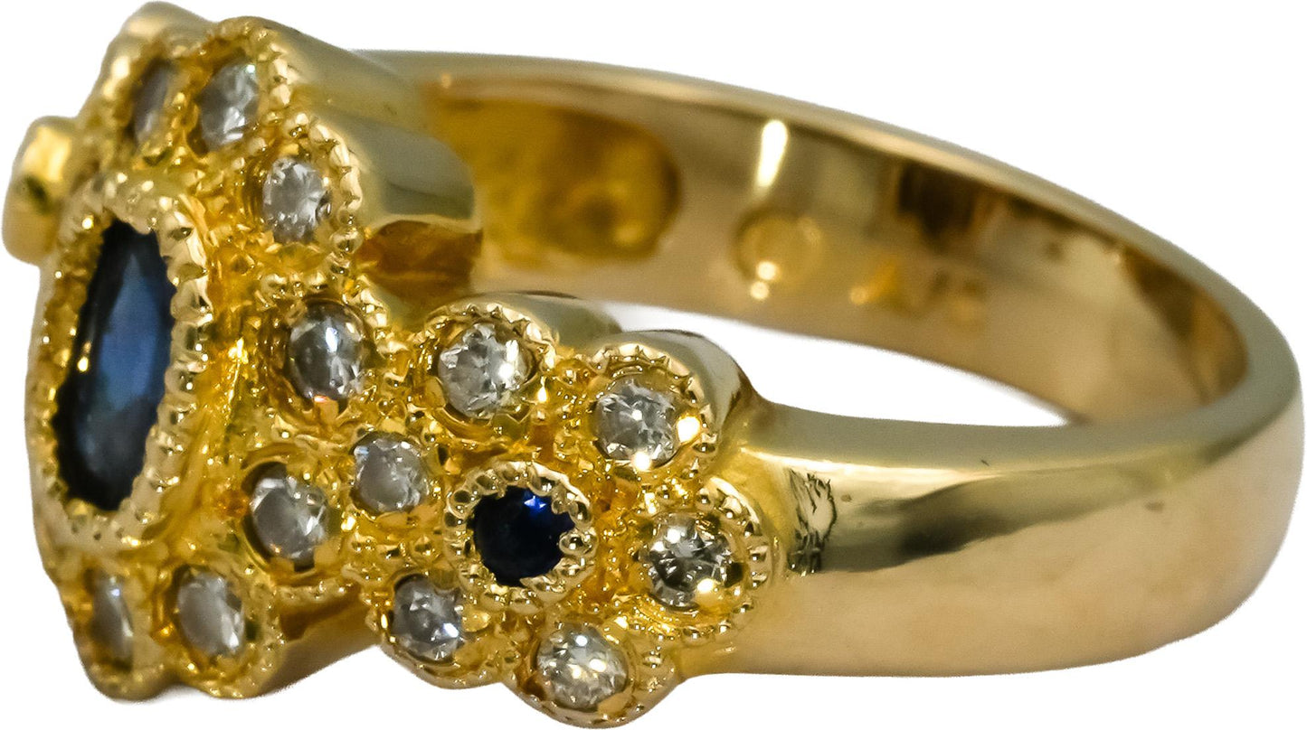 14k Yellow Gold Diamond and Sapphire Floral Cocktail Ring 0.90CT Size 7.5