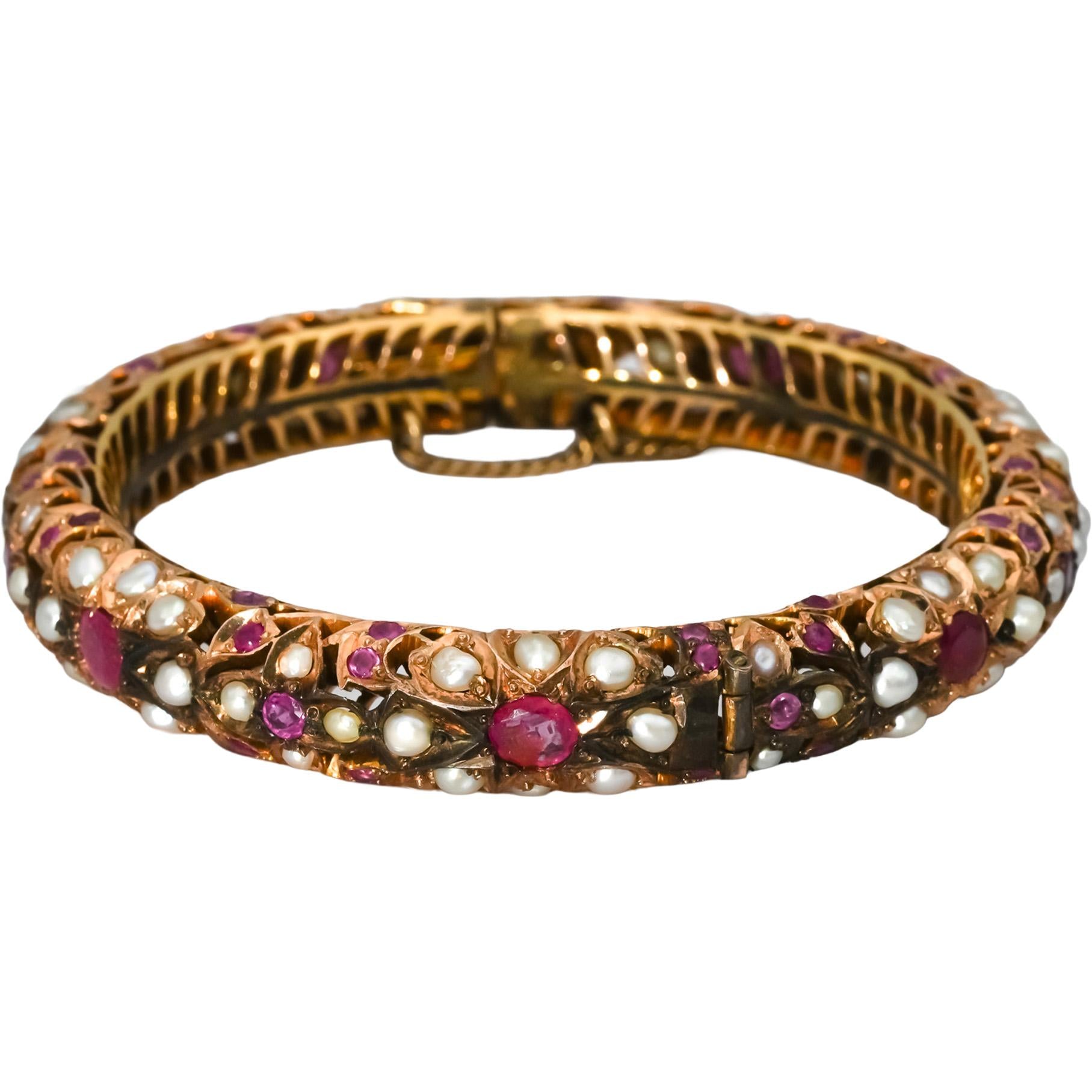 12-14k Gold and Sterling Silver Sapphire Ruby Pearl Bangle Bracelet 3.0CT