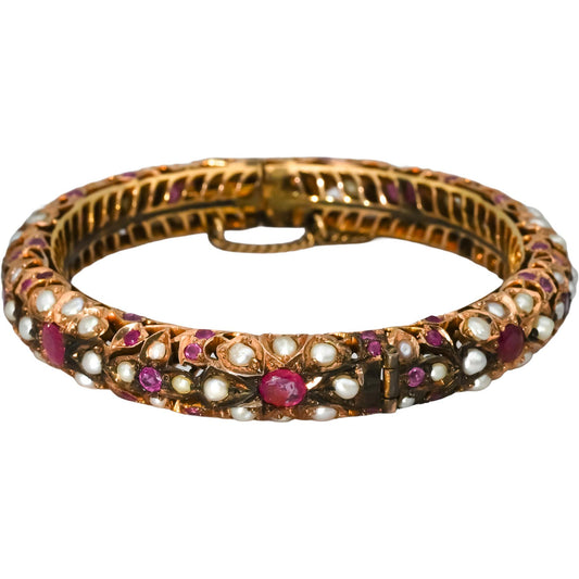 12-14k Gold and Sterling Silver Sapphire Ruby Pearl Bangle Bracelet 3.0CT