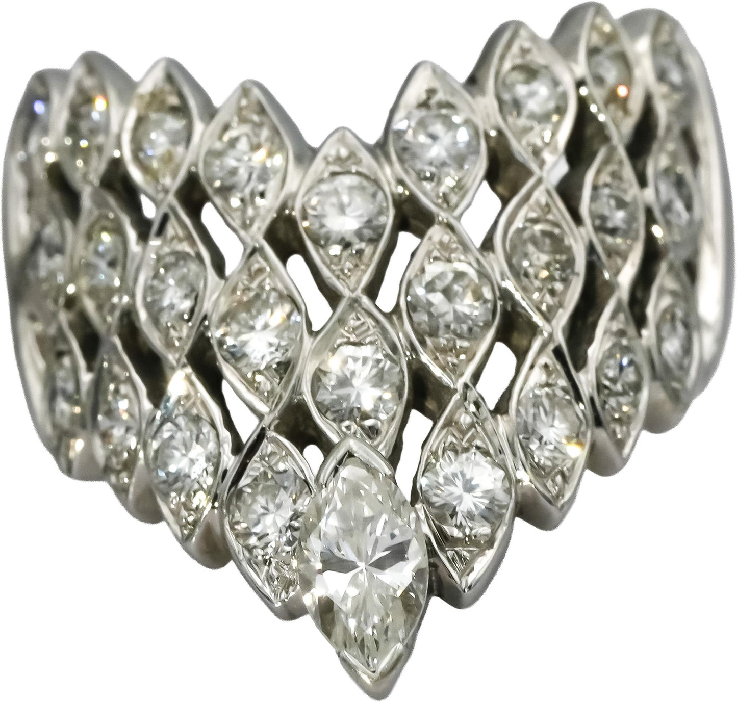 14k White Gold VS Round and Marquise Cut Diamond Chevron Ring 1.50CT Size 8.5