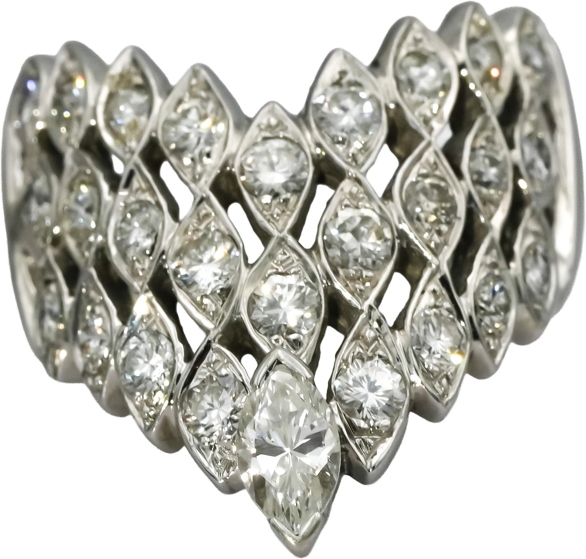 14k White Gold VS Round and Marquise Cut Diamond Chevron Ring 1.50CT Size 8.5