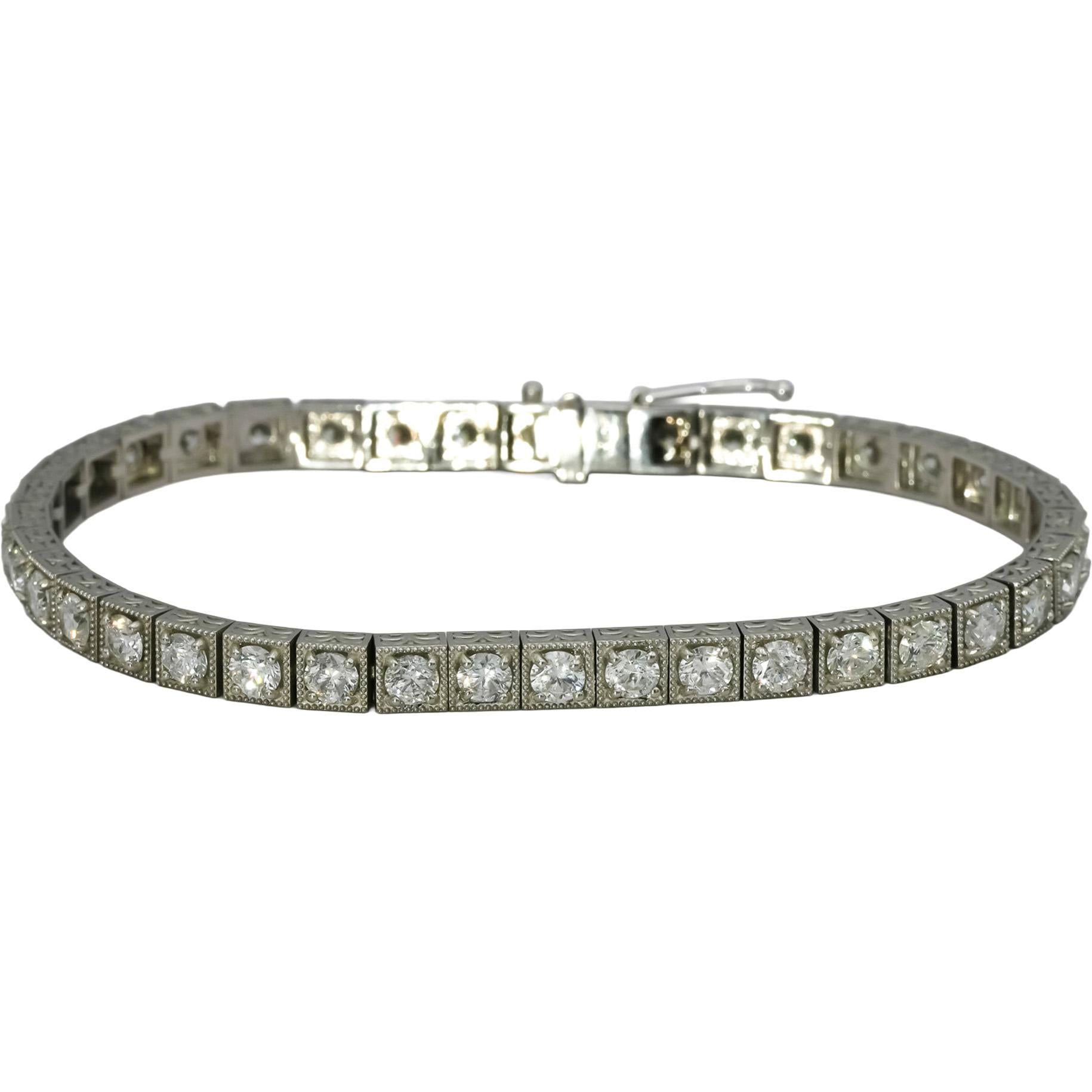 Vintage Platinum VS Diamond Tennis Bracelet w/ Scroll Etching Sides 6.67CT