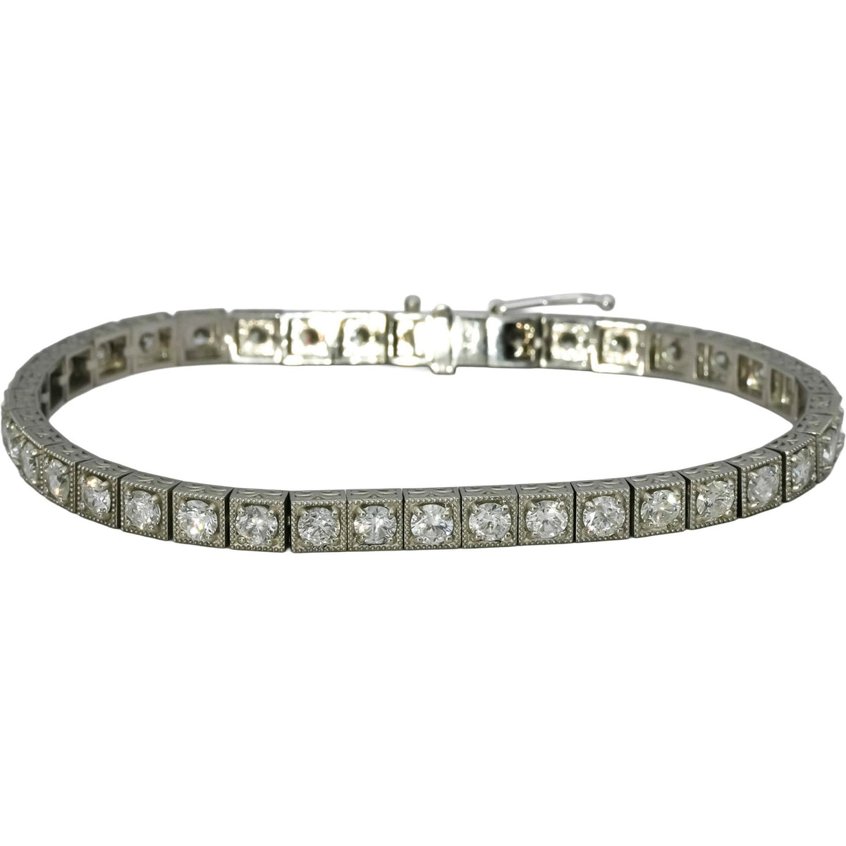 Vintage Platinum VS Diamond Tennis Bracelet w/ Scroll Etching Sides 6.67CT