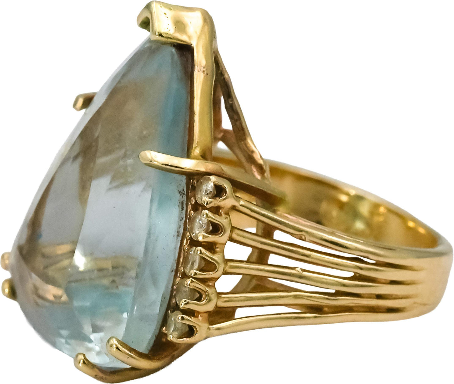 Retro 14k Yellow Gold Aquamarine and Diamond Cocktail Ring 18.33CT Size 6