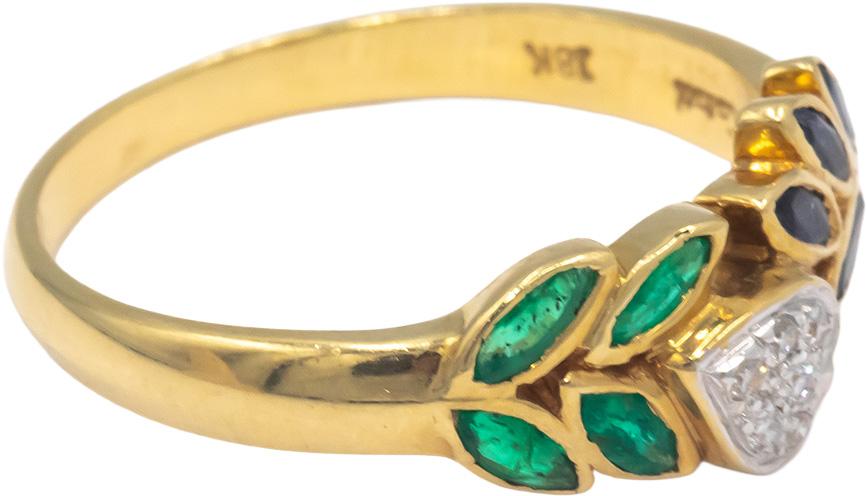 KALATI 18k Gold 0.29CT Diamond Emerald Sapphire Floral Heart Band Ring Size 6.5