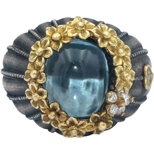 STAMBOLIAN 18k Gold Sterling Silver Diamond Blue Topaz Ring 0.05CT Sz. 6.75