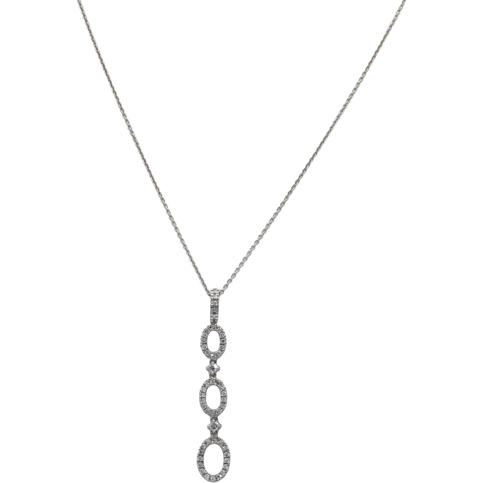 14k White Gold 0.28CT Round Cut Diamond Oval Dangle Pendant Chain Necklace