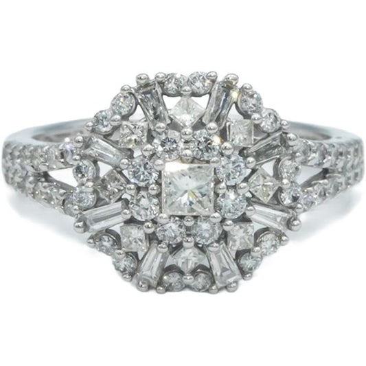 10k White Gold 1.0CT Princess and Round Cut Diamond Cluster Ring Size 7.25
