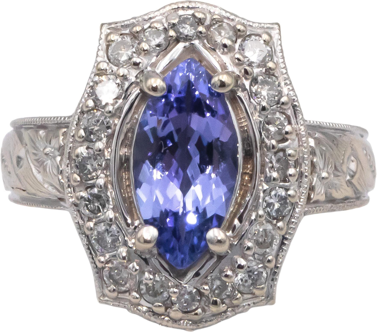 14k White Gold 1.65CT Diamond and Tanzanite Filigree Cocktail Ring Size 7