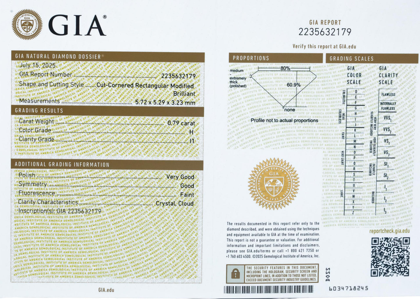 GIA Certified 0.79CT I1/H Radiant Cut Loose Diamond Stone