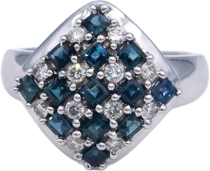 14k White Gold Diamond and Blue Sapphire Checkerboard Ring 1.08CT Size 7.25