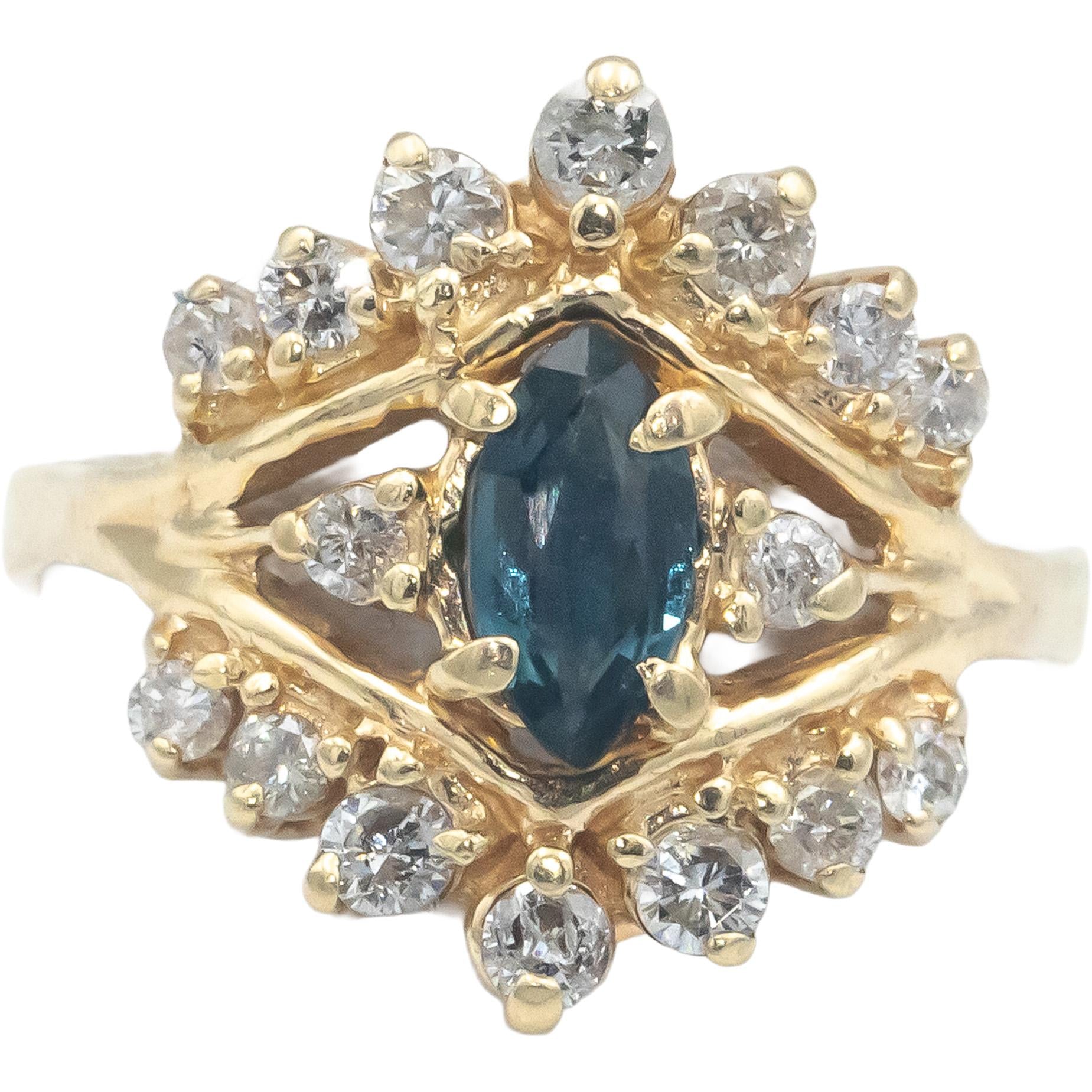 14k Yellow Gold Jewelry 1.0CT Diamond and Sapphire Cocktail Ring Size 8.25
