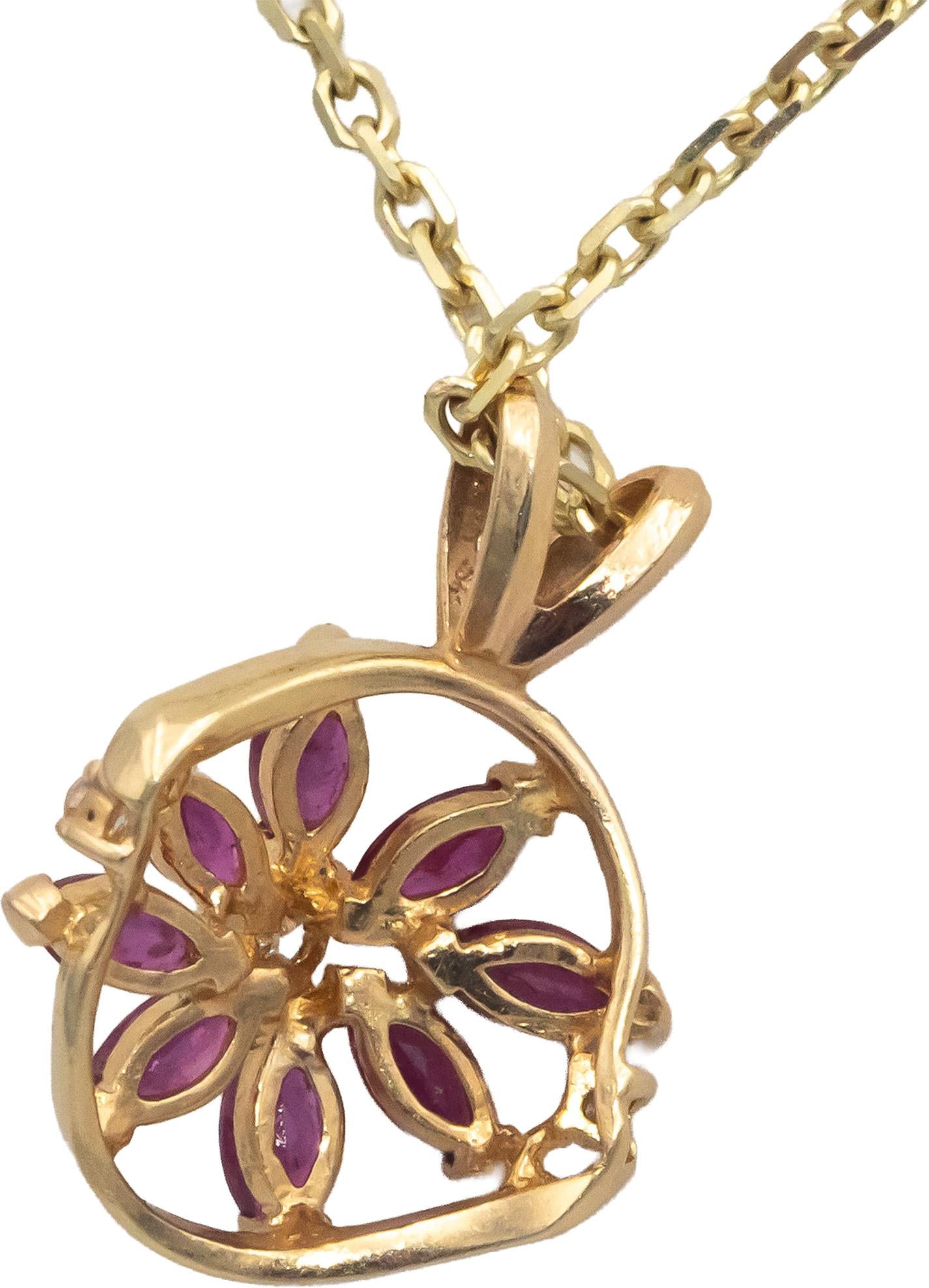 14k Yellow Gold .52CT Diamond and Ruby Floral Pendant Chain Necklace