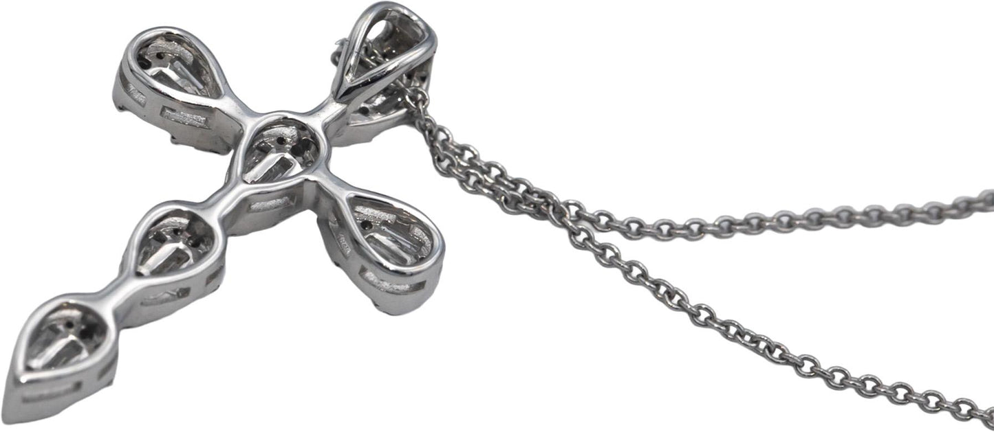 18k White Gold VS Round & Baguette Diamond Cross Crucifix Pendant Necklace .42CT