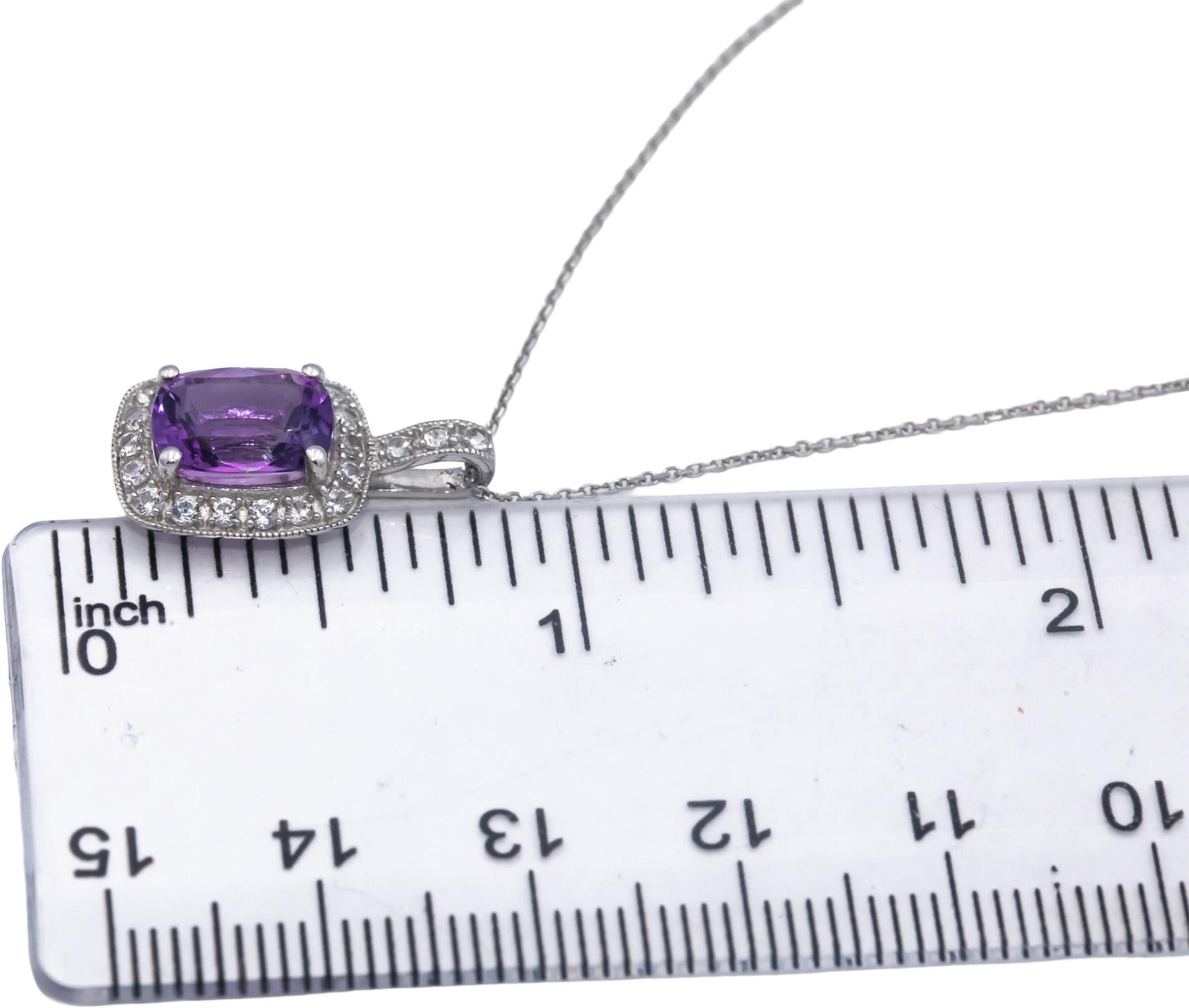 14k White Gold 2.35CT Amethyst and White Topaz Halo Pendant Necklace Chain