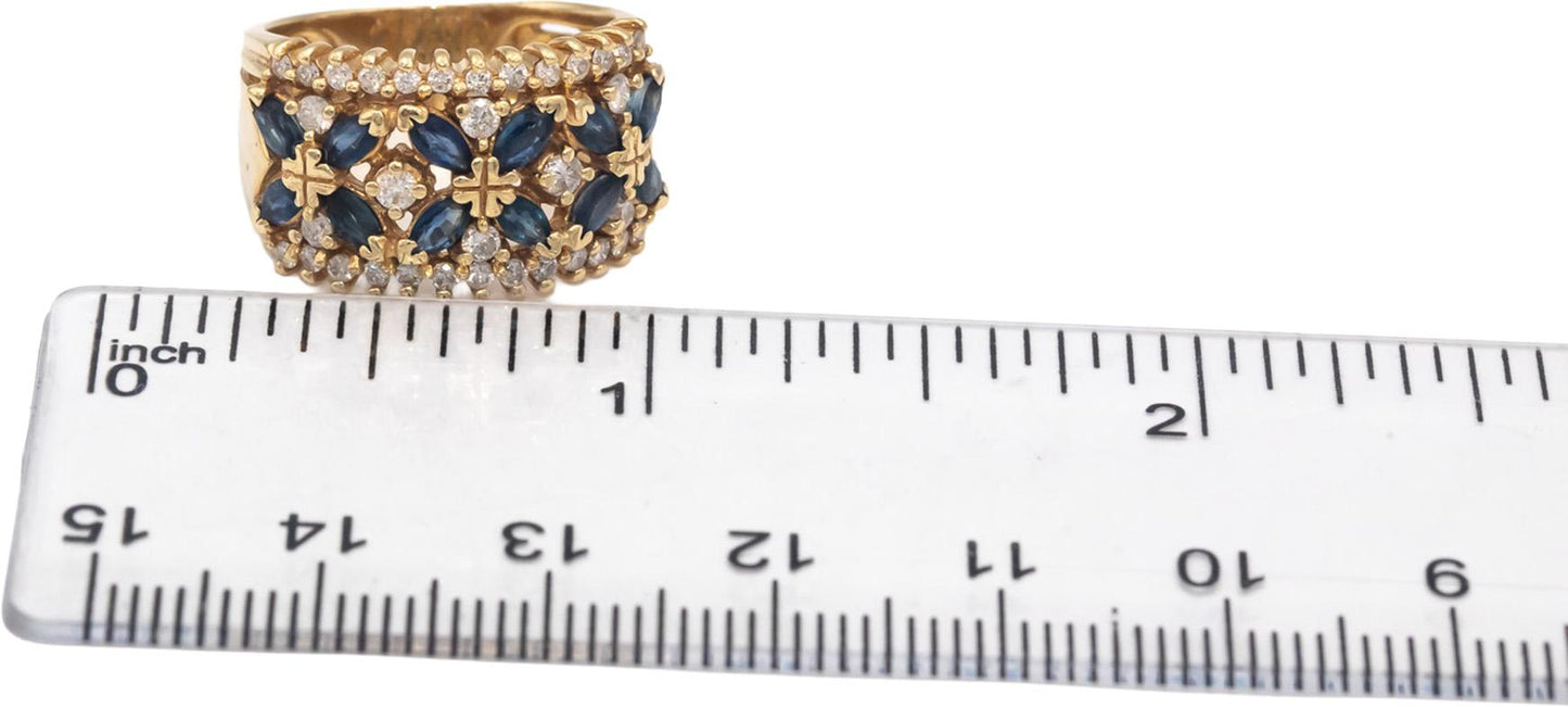 14k Yellow Gold Diamond and Blue Sapphire Wide Band Ring 1.05CT Size 5.5