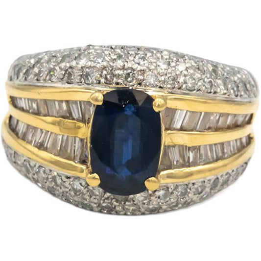18k Yellow Gold & Platinum Diamond & Sapphire Cocktail Ring 4.14CT Size 6.25