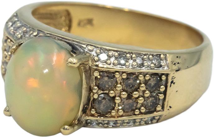 14k Yellow Gold Round Diamond and Cabochon Opal Cocktail Ring 2.96CT Size 9