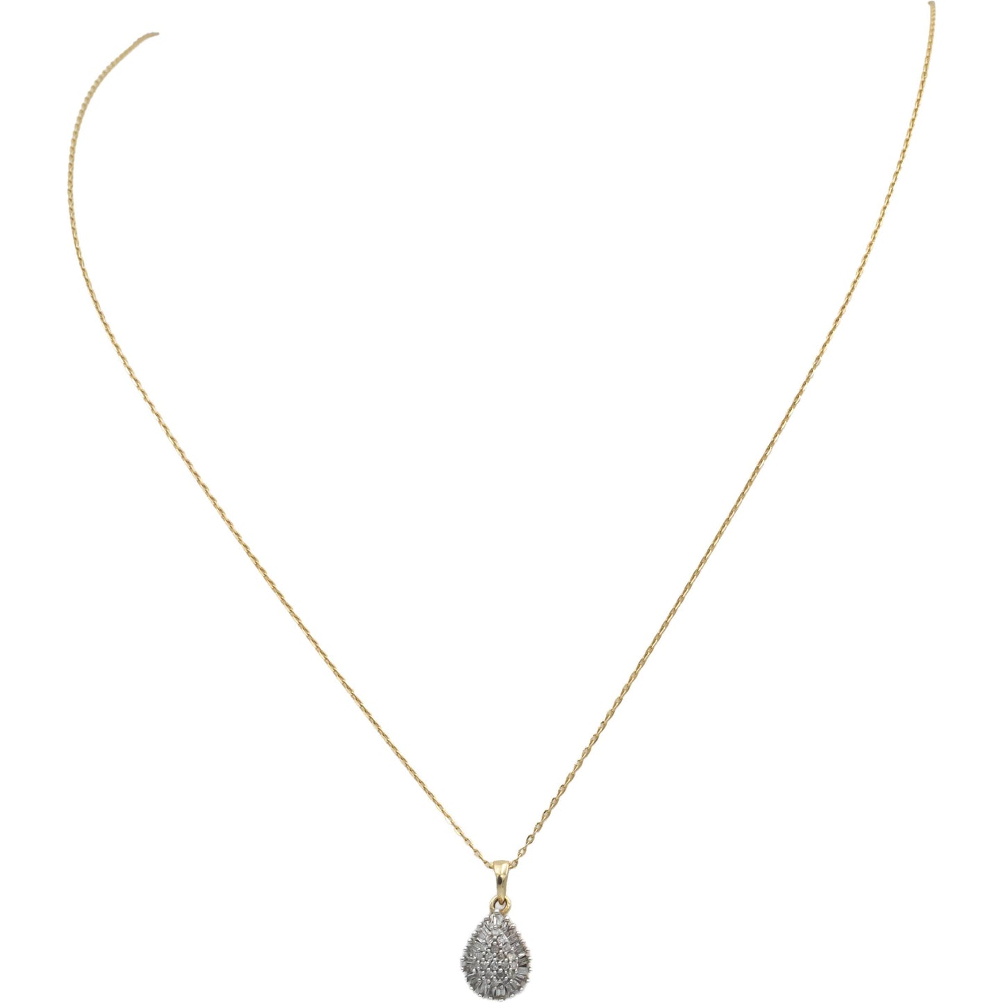 10k White & Yellow Gold Round & Baguette Diamond Cluster Pendant Necklace 0.25CT