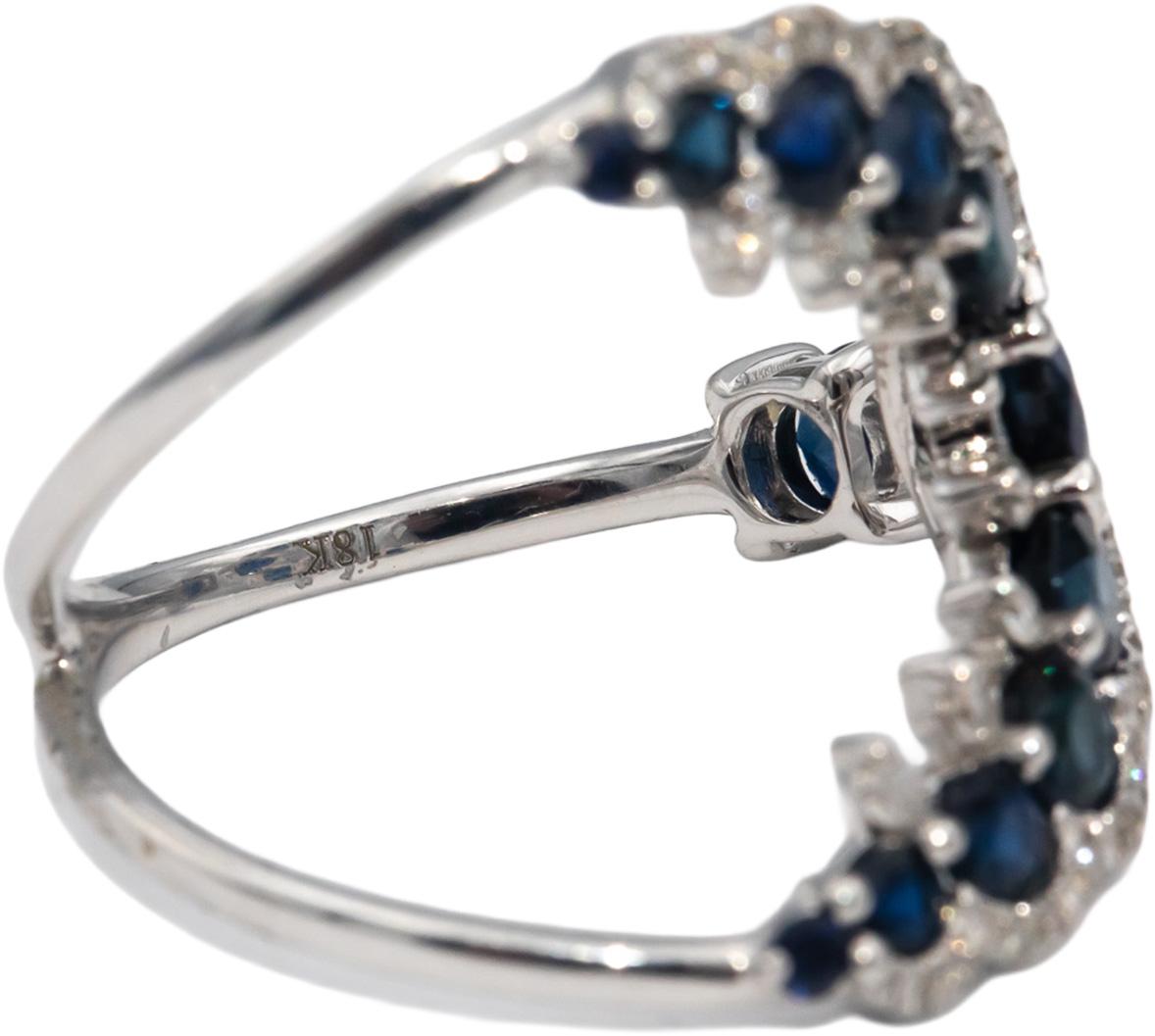 18k White Gold Round Cut Blue Sapphire & Diamond Bypass Wrap Ring 2.25CTW Size 7
