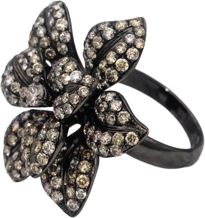 14k Black Gold Round Diamond Jumbo Flower Cocktail Ring 2.50CT Size 6.5