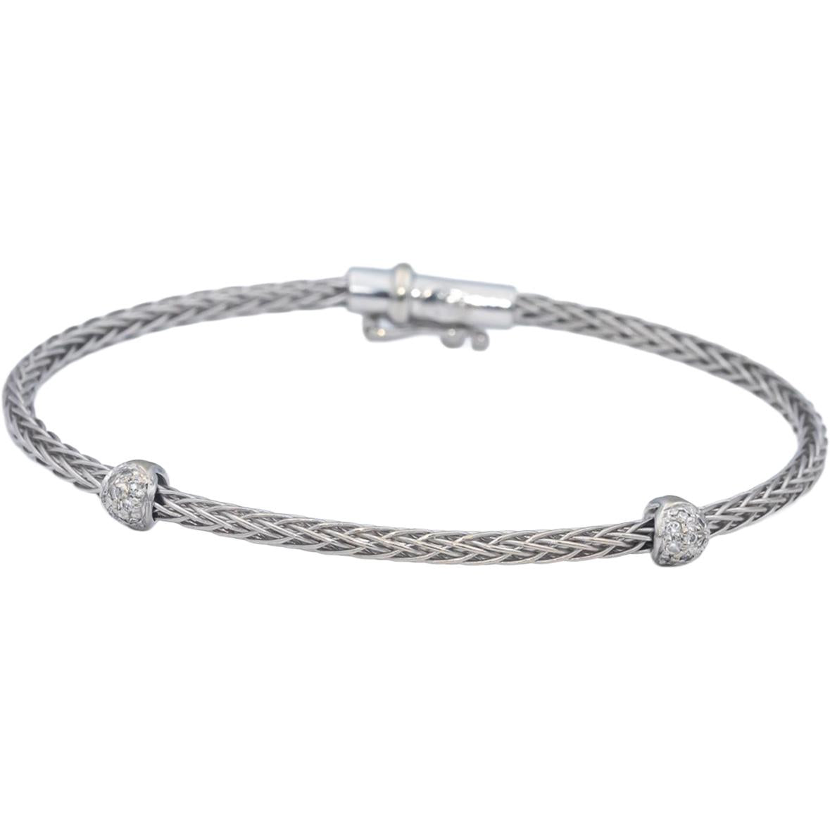 ROBERTO COIN 18k White Gold Round VS Diamond Station Woven Bangle Bracelet .10CT