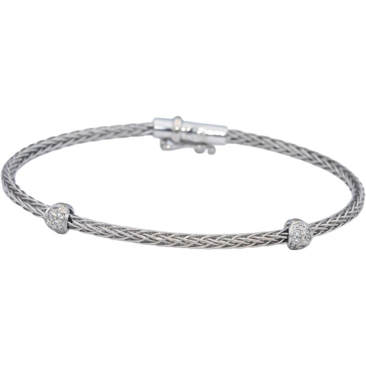 ROBERTO COIN 18k White Gold Round VS Diamond Station Woven Bangle Bracelet .10CT