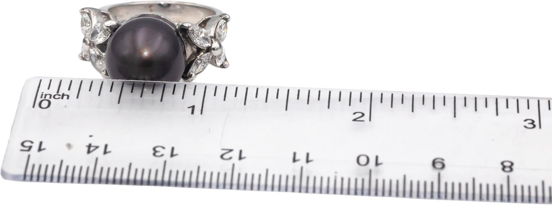 14k White Gold Marquise Diamond 12.7mm Black Tahitian Pearl Ring 1.50CT Size 7