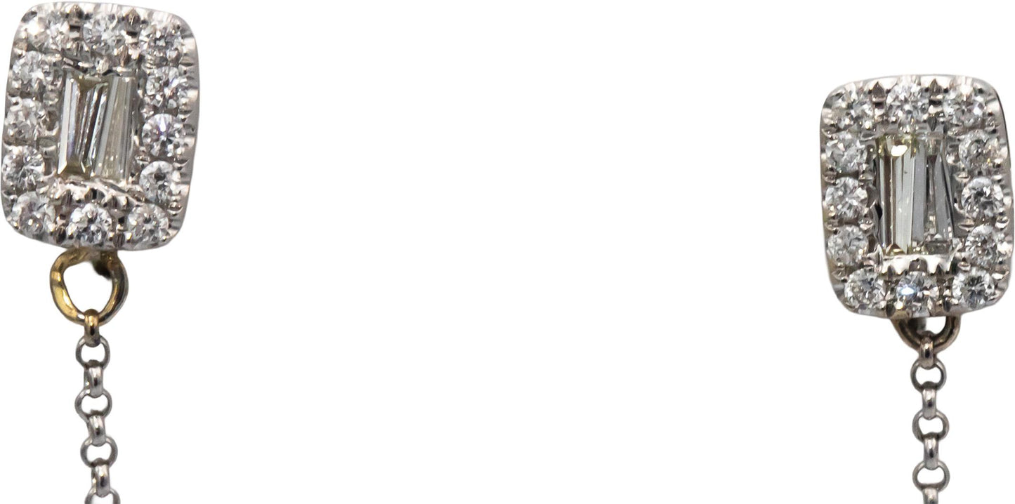 18k White Gold Round & Baguette Cut Diamond By The Yard Dangle Earrings .70CTW