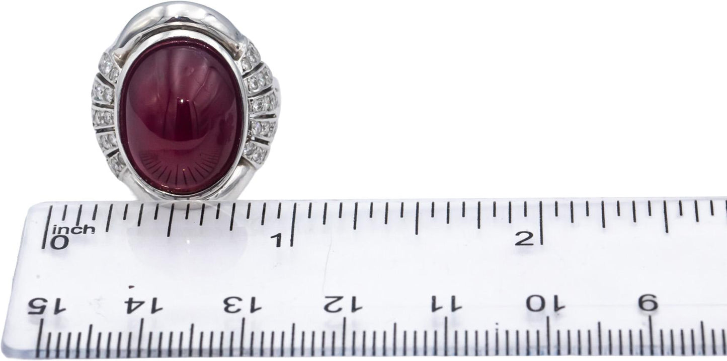CGL Certified 14k White Gold Cabochon Ruby & Round Diamond Ring 10.85CT Size 7
