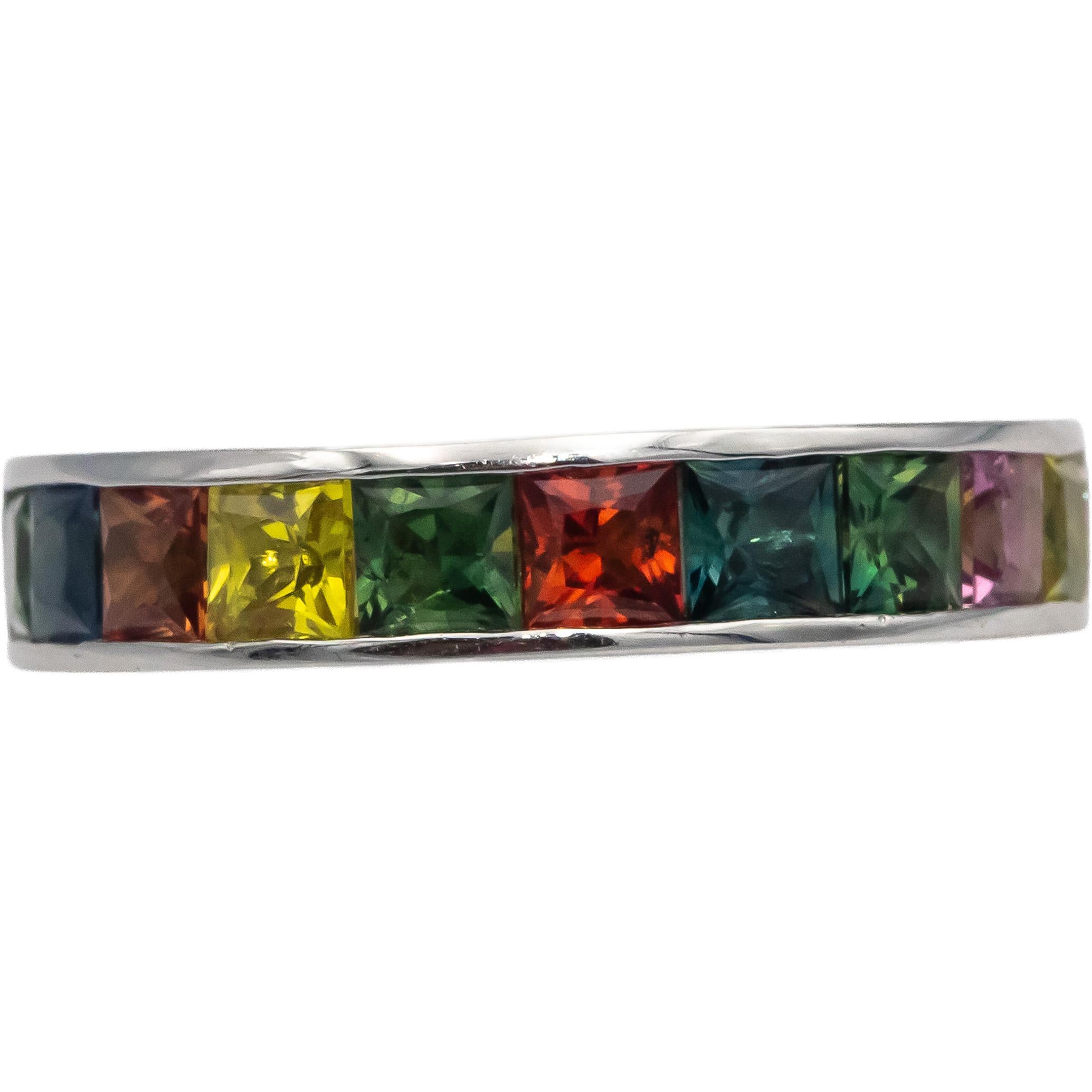 18k White Gold Square Cut Channel Set Rainbow Sapphire Band Ring 2.85CTW Size 7
