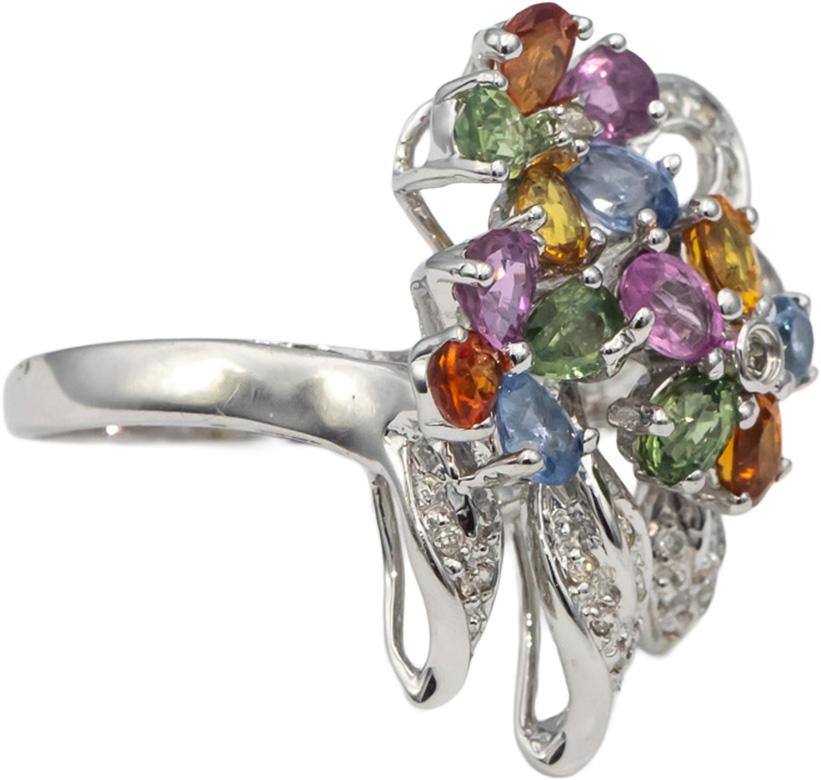 18k White Gold Round Diamond & Rainbow Sapphire Floral Ring 1.50CT Size 7.25