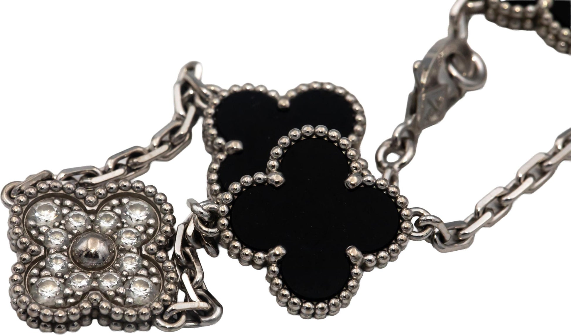 VAN CLEEF & ARPELS 18k White Gold Diamond Onyx Clover Alhambra Bracelet w Papers