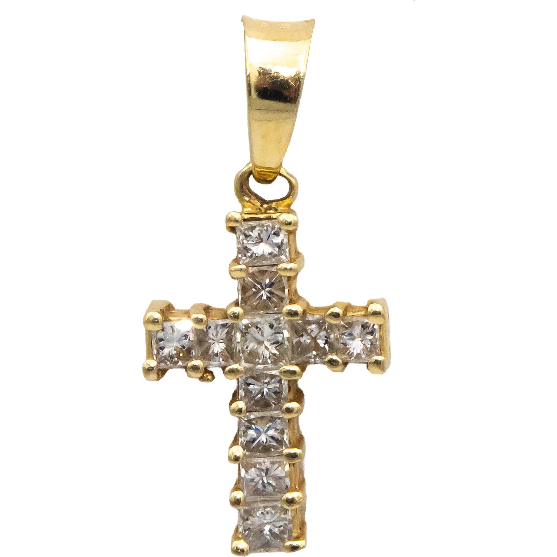 14k Yellow Gold Princess Cut Diamond Cross Crucifix Pendant Necklace 1.0CT