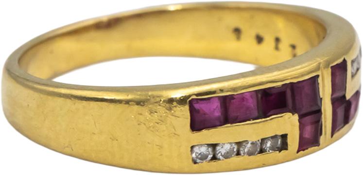 18k Yellow Gold Square Ruby Round Diamond Band Ring 0.66CTW Size 8.5