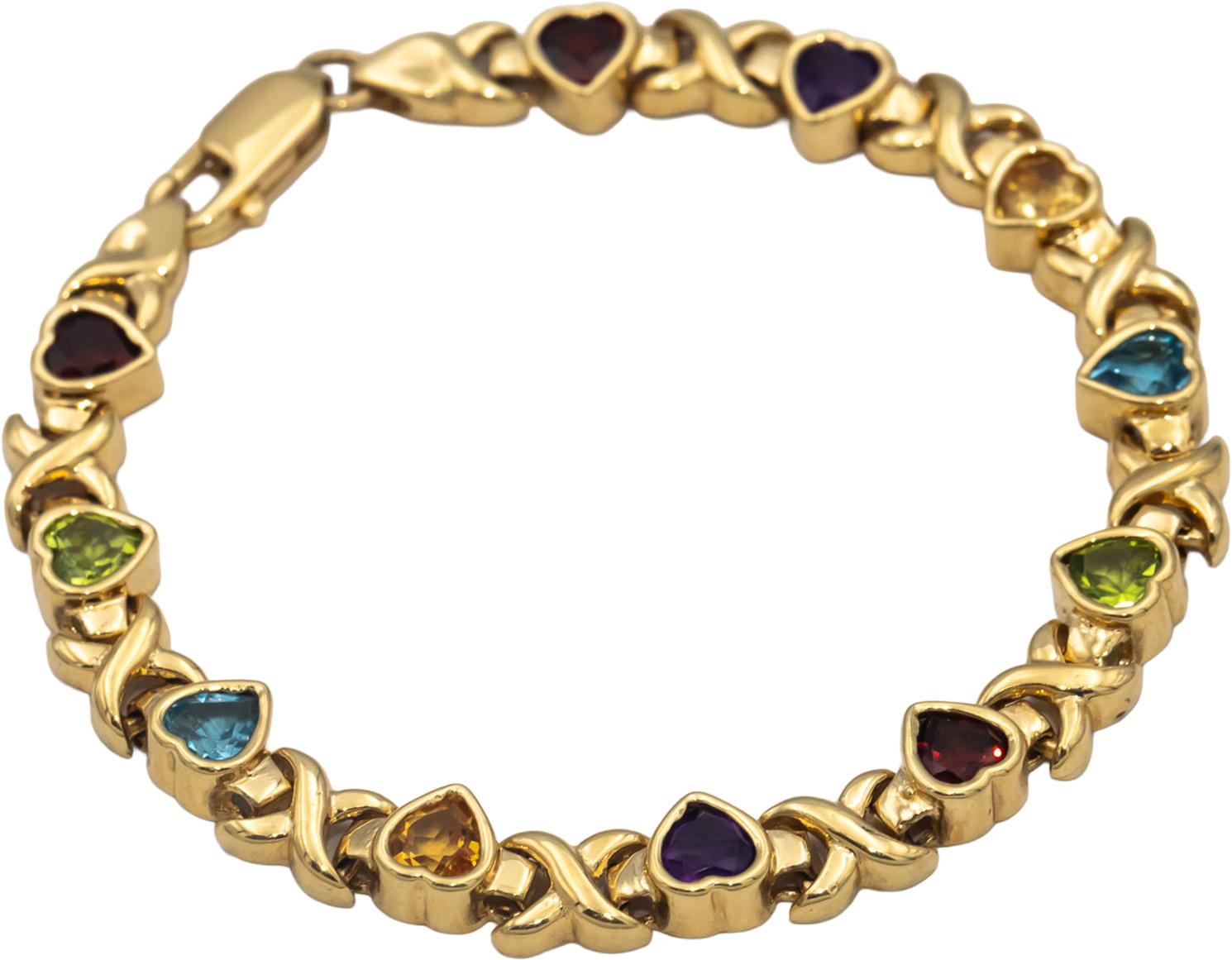 14k Yellow Gold Heart Cut Bezel Set Rainbow Assorted Gemstone Bracelet 7.0CTW