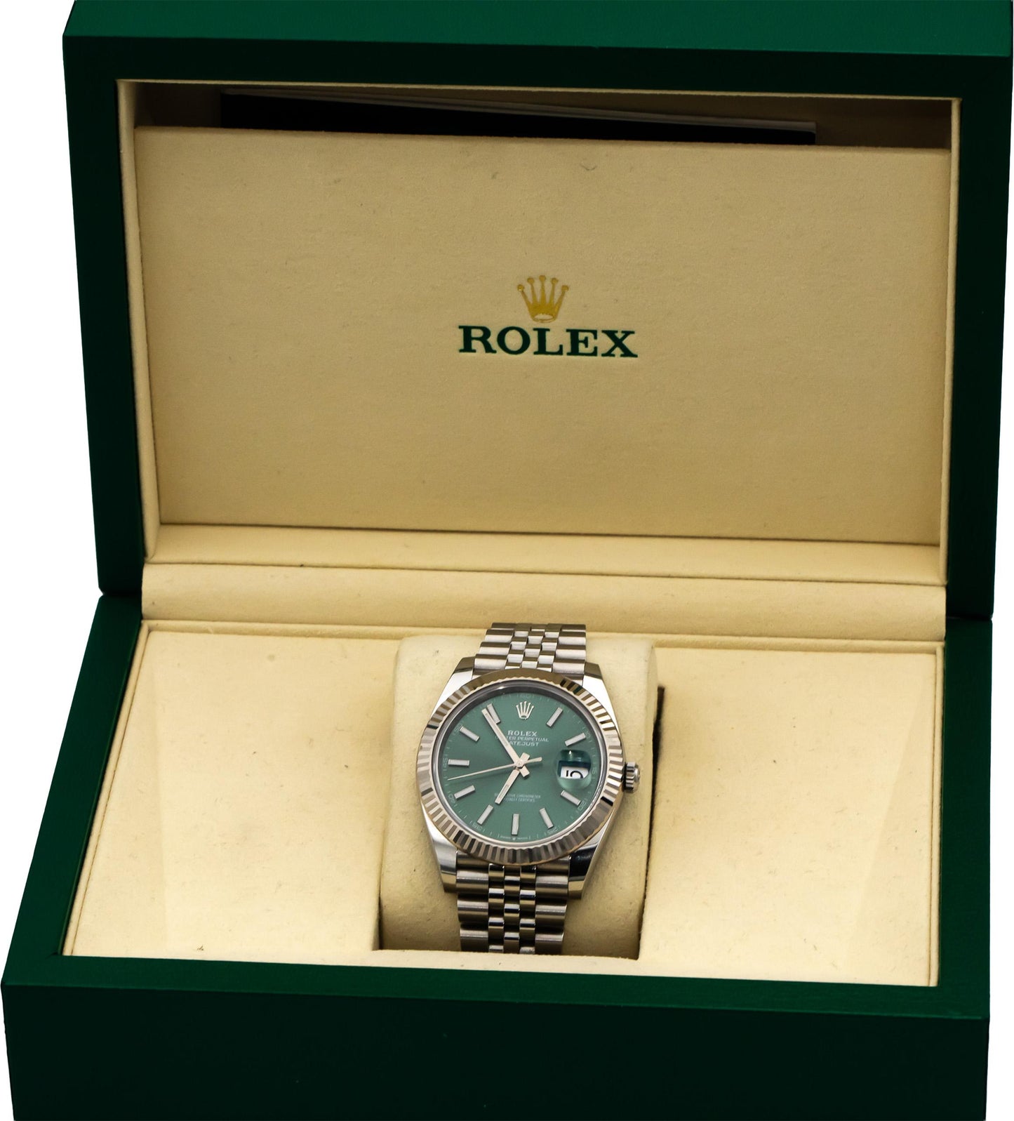 ROLEX Stainless Steel 18k Gold Datejust Green Dial 41mm Watch w/ Box Ref 126334