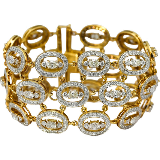 18k Yellow Gold Round and Oval Cut Diamond Halo Link Wide Bracelet 22.0CT