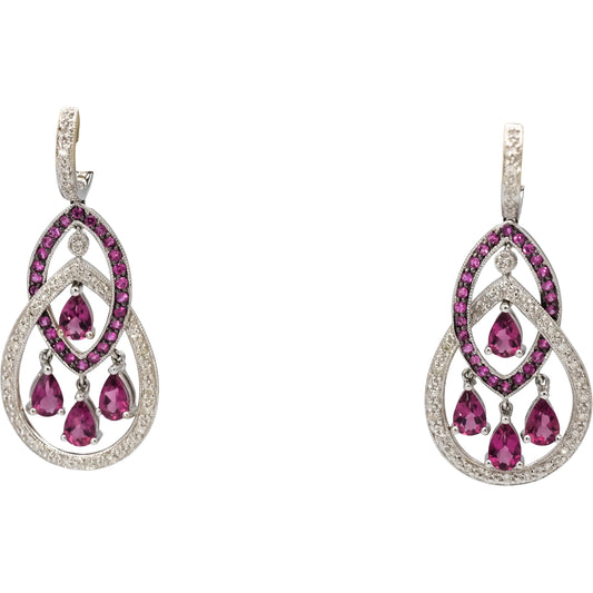 18k White Gold Diamond and Pink Tourmaline Drop Dangle Earrings 1.90CTW