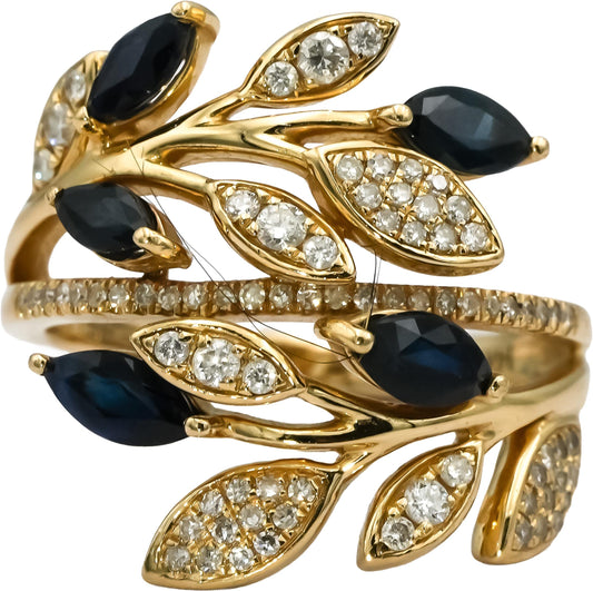 EFFY 14k Yellow Gold Diamond and Sapphire Floral Bypass Ring 0.97CTW Size 7
