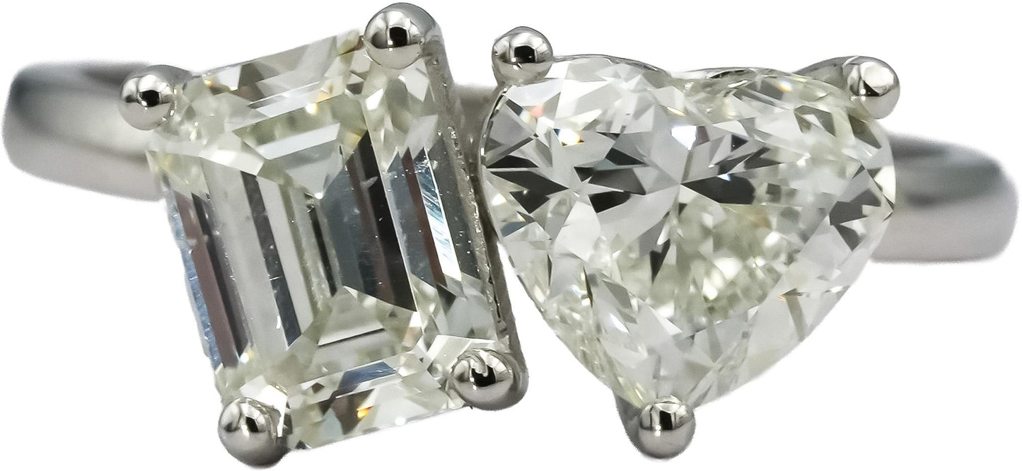 GIA Certified 18k White Gold Emerald & Heart Cut Two Stone Diamond Ring 2.88CT