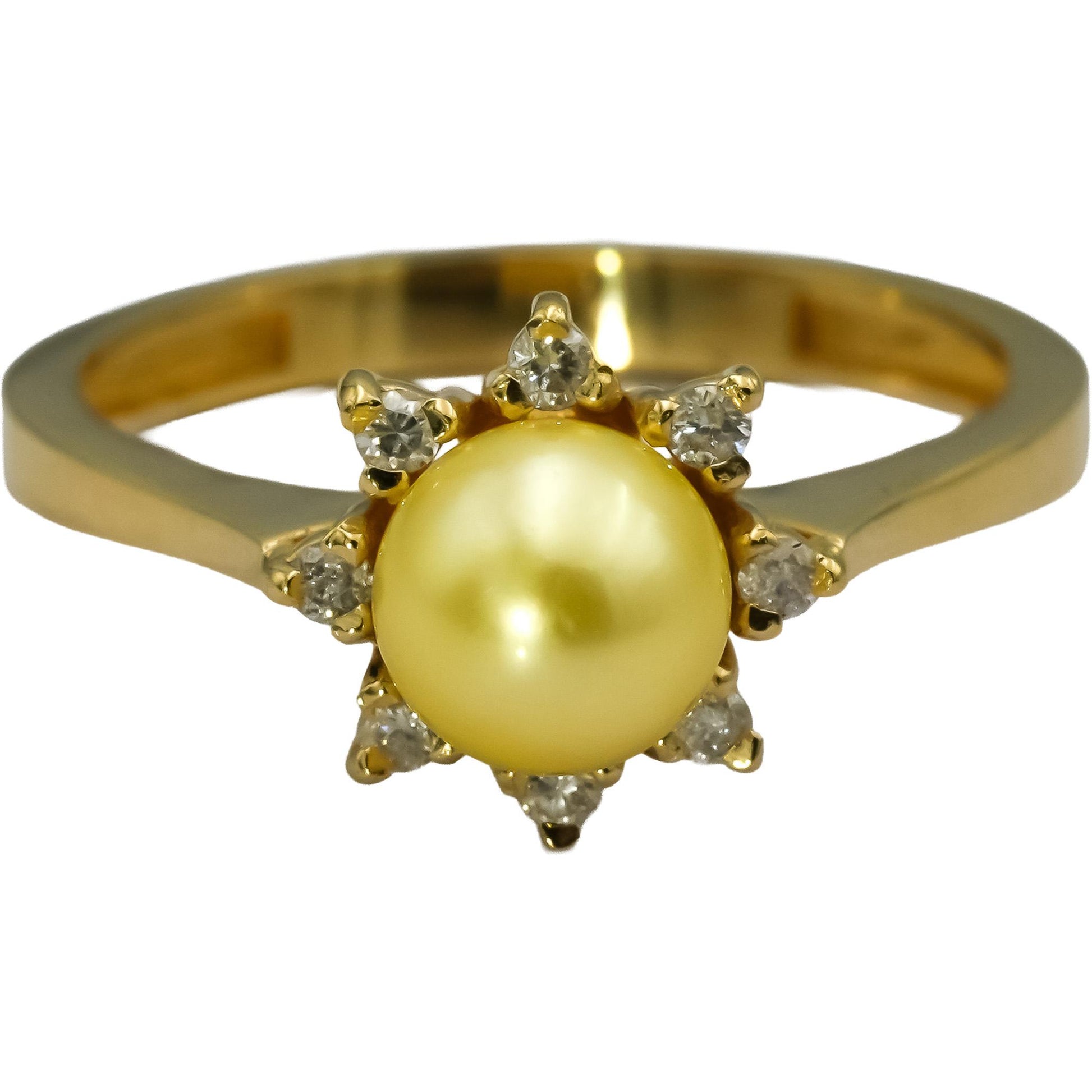 18k Yellow Gold Round Diamond and Golden Pearl Ring 0.12CT Size 7.25