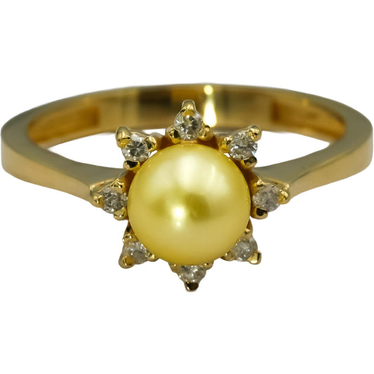 18k Yellow Gold Round Diamond and Golden Pearl Ring 0.12CT Size 7.25